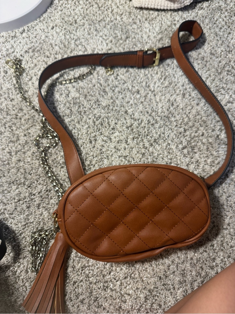 Brown Quilted Oval Crossbody or Belt Bag with Tassel